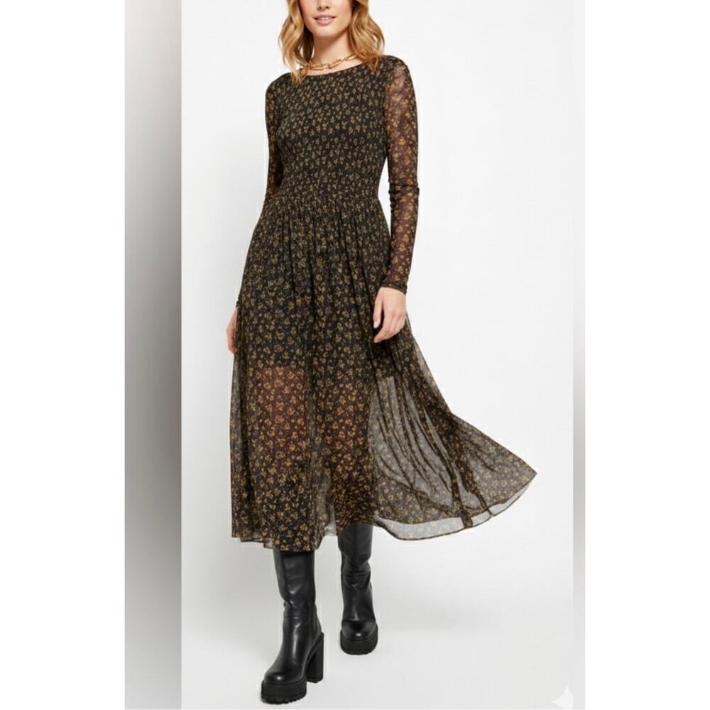 Fee People Hello and Goodbye Mesh Black Floral Long Sleeve Maxi Dress Sm Cottage